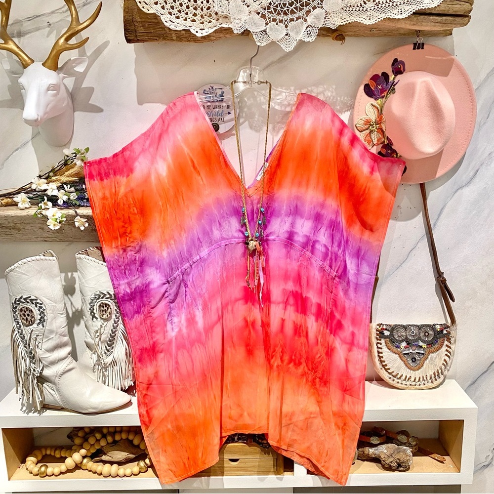 Vibrant TIE DYE OMBRA poncho/kaftan cover up w resort vacay beach hippy vibe